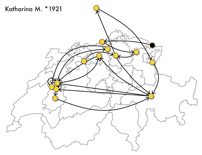La mappa mostra le varie stazioni di Katharina M. in tutta la Svizzera tedesca e fino alla Germania.