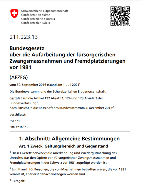Illustrazione della prima sezione della “Legge federale sulle misure coercitive a scopo assistenziale e i collocamenti extrafamiliari prima del 1981” ("Bundesgesetzes über die Aufarbeitung der fürsorgerischen Zwangsmassnahmen und Fremdplatzierungen vor 1981").