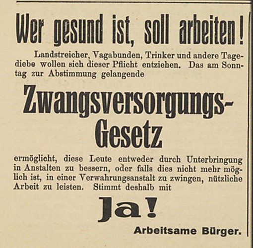 Pubblicità elettorale con lo slogan “Chi è sano deve lavorare! - Sì alla legge sull'assistenza obbligatoria”, realizzato da Arbeitsame Bürger.