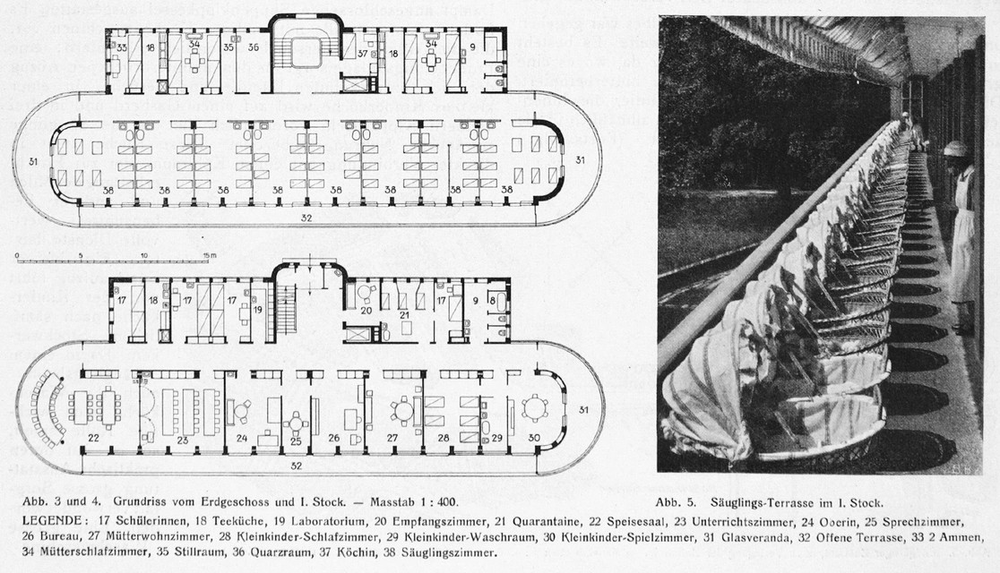 Illustrazione di un estratto dei bozzetti del concorso. Sul lato sinistro è rappresentata una pianta, mentre sul lato destro sono allineate numerose ceste per bambini.