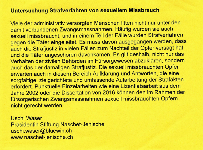 Lettera di Uschi Waser che chiede di chiarire il ruolo della magistratura nell'affrontare la violenza sessuale attraverso una “revisione attenta, mirata e completa dei fascicoli penali”.