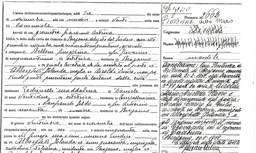 Estratto del certificato di nascita di Mario Delfino. Contiene, tra l'altro, i nomi dei genitori, i riferimenti alla sentenza di adozione e diversi nomi di battesimo di Mario Delfino. Alcuni di essi sono cancellati.