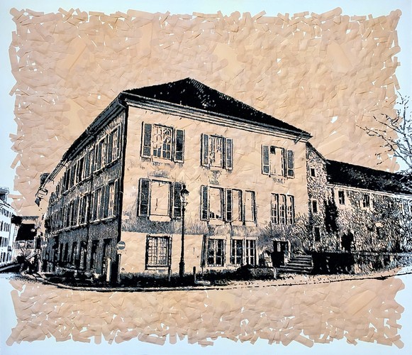 Dipinto con linee sottili su un intonaco curativo di colore bruno, diventa visibile l'edificio del comune/servizi di Soletta. Lo sguardo cade su un edificio in pietra a tre piani, a destra del quale è indicato un edificio annesso di forma allungata.