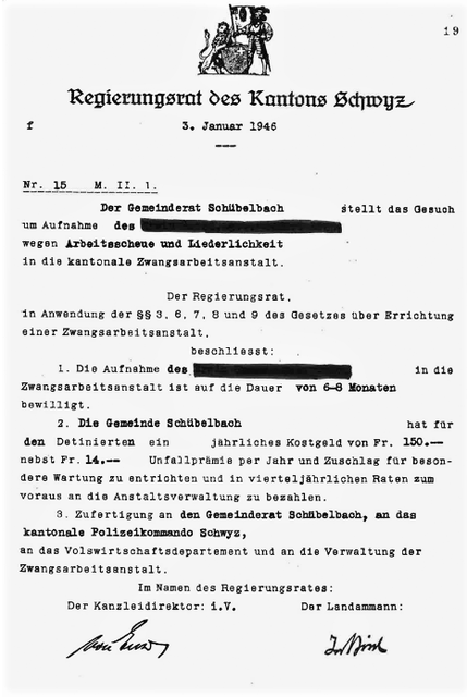Illustrazione della decisione del Consiglio di Governo di internare una persona per “timidezza lavorativa” e “dissolutezza” del 1946.